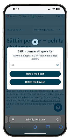 Dialog där du kan välja belopp och insättningsmetod