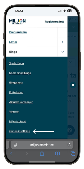 Mobil som visar hur du hittar insättning i huvudmenyn