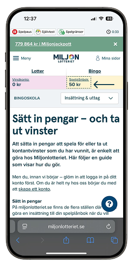 Mobil som visar att dina insatta pengar hamnar i spelplånboken.
