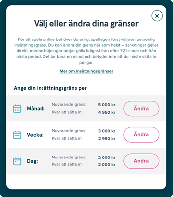 Insättningsgränsdialog där du väljer dina gränser
