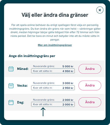 Insättningsgränsdialog visar hur mycket du har kvar att sätta in
