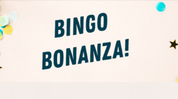 En vit bild med stjärnor och texten bingobonanza i blått.