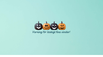 blå bakgrund med fyra pumpor med färgerna svart och orange texten varning för läskigt fina vinster