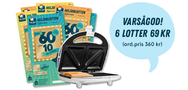 Varsågod! 6 lotter 69kr (ord. pris 360kr). Skraplotten Stjärnan och smörgåsgrill i bild.