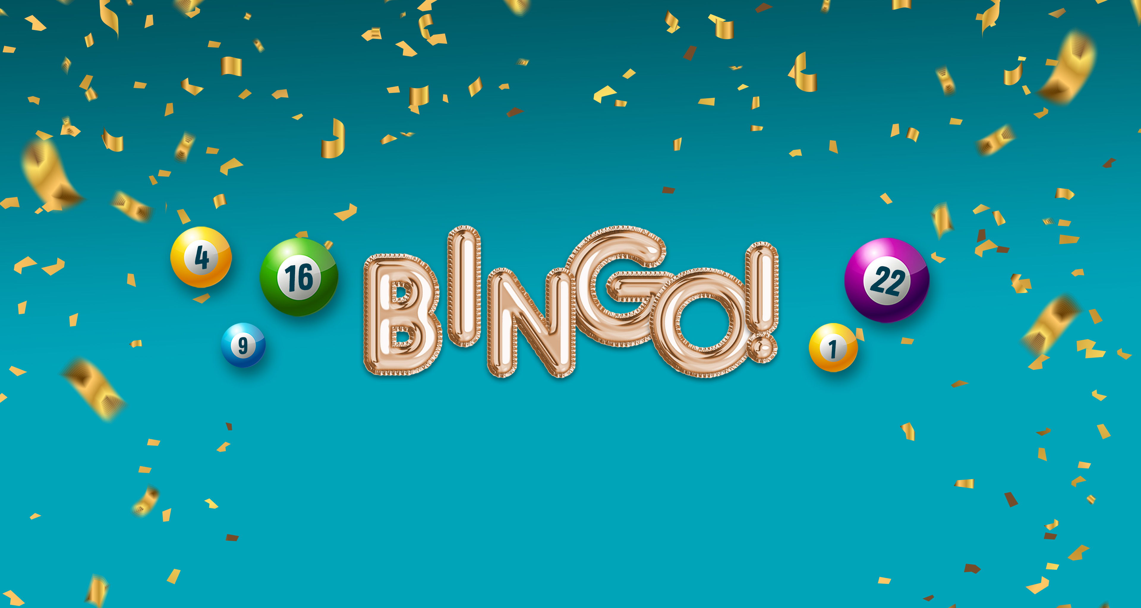 Bingo och bingobollar mot turkos bakgrund