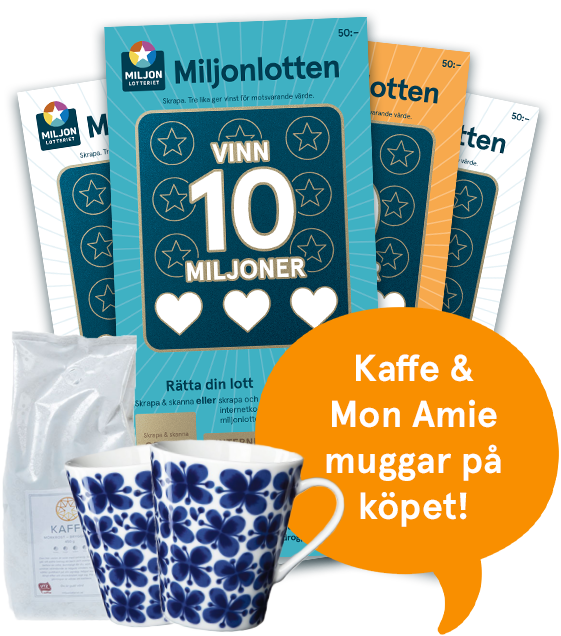 Beställ Miljonlotteriets skraplott Miljonlotten och få Mon Amie-muggar och kaffe i premie